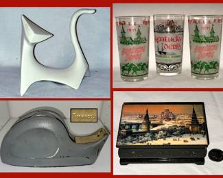 Modernist Cat Figurine, Kentucky Derby Glasses, Vintage Tape Dispenser and Russian Lacquer Box 