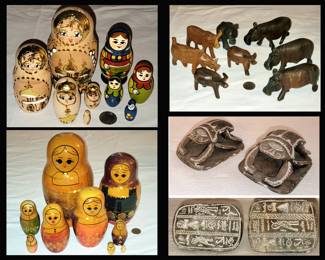 Russian Nesting Dolls, Small Carved Wooden Animals and Stone Scarabs