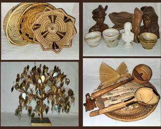 Nice Baskets, Onyx Bowls, Carved Figures, Metal Tree and Wooden Utensils 