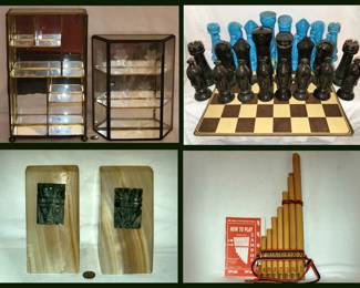 Small Glass Display Boxes, Ceramic Chess Set, Onyx Bookends and Zampona 
