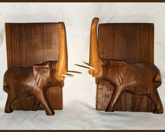 Pair of Carved Wooden Elephant Bookends