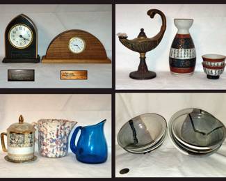 Trophy Clock, Amana Clock, Genie Lamp, Saki Set, Creamers and Pottery Bowls 