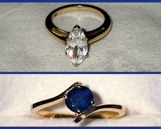 14K Gold & White Sapphire Ring and 18K Gold & Blue Sapphire Ring