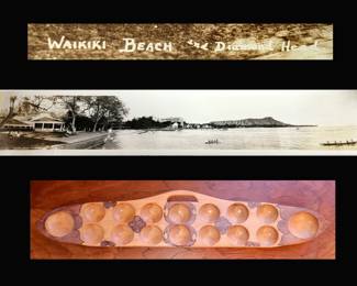 1930s/40s Photo of Waikiki Beach and Diamond Head and Sungka Mancala Board
