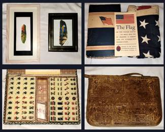 Feather Art, Vintage Flag with Box, NIB Mahjong Set and Wonderfully Worn Leather Case with Egyptian Motif 