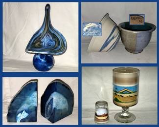 Glass Jack in the Pulpit Vase, Signed Pottery, Blue Stone Bookends and Sand Art 