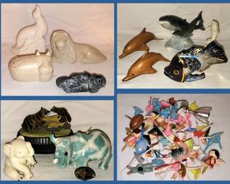 Small Stone Figurines, Wooden Dolphins, Lenox Elephant, Raccoon Music Box, Rhino Candle and Vintage Cake Decorations