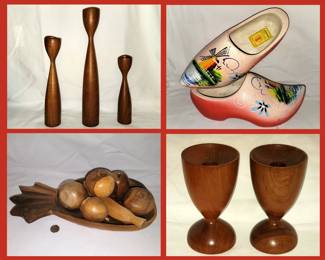 Mid Century Modern Candle Holders Wooden Fruit and Painted Clogs