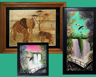 Wooden Marquetry Elephant & Baby, there are More Marquetry Artwork Pictures and 2 Tiny Toucan Pics