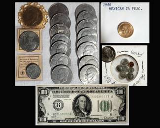Old Coins, including a Gold 1945 2 1/2 Peso and a 1928 100 Dollar Bill 