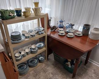 Johnson Brothers coaching scenes dishes, Blue Willow dishes, McCoy planter, Currier and Ives dishes, Delft coffee set, drop leaf table
