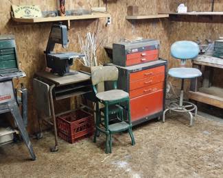 table saw, band saw, tool chest, power washer, air compressor, cabinets, hand tools