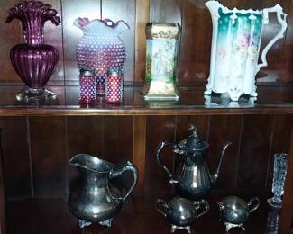 pewter tea set, silver plate tea set, hobnail