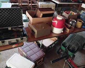 coolers, vintage video camera, wagon