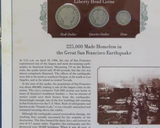 Lot 335. 1906 Liberty Head half, quarter and dime presented in a display that includes a historic photograph and historical comment.