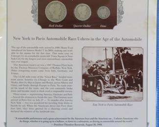 Lot 337. 1908 Liberty Head half, quarter and dime presented in a display that includes a historic photograph and historical comment.
