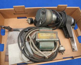 Lot 435. Unidentified machinist tools, one looks like a small spot-welder, and the other a high-speed rotary tool