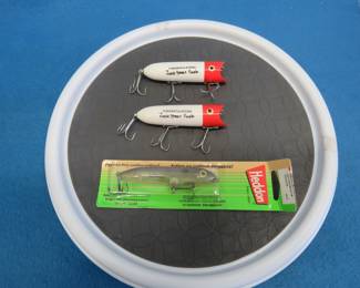 Lot 135. Two like-new Heddon 3 3/4" Lucky 13s and a Heddon NIP 3 1/2" Bill Dance top-water bait