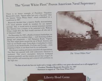 Lot 336. 1907 Liberty Head half, quarter and dime presented in a display that includes a historic photograph and historical comment.