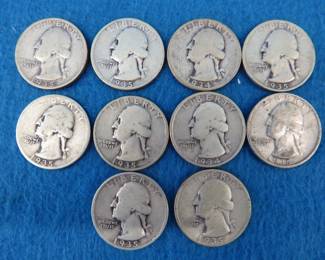 Lot 14. Ten silver Washington quarters