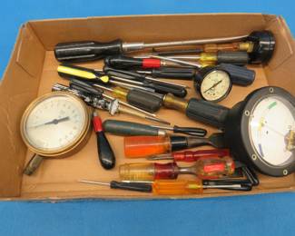 Lot 320. Brass gauge, screwdrivers, and more