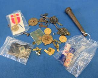 Lot 94. Collectible smalls including Winchester BB's, sports medals, old keys, and more