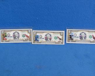 Lot 385. Three US $2.00 Federal Reserve Notes with color overlay featuring Rhode Island, Vermont and Georgia