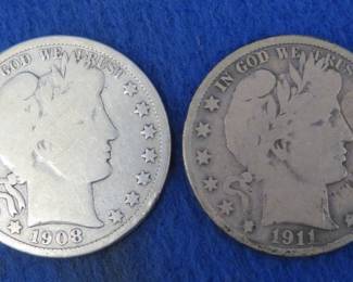 Lot 480. 1908 D and 1911 S Barber half dollars