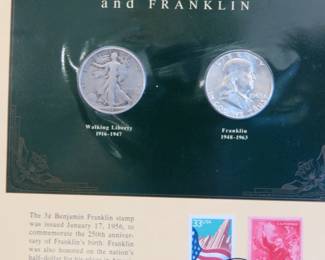 Lot 287. Walking Liberty and Franklin half dollars and two stamps commemorating the 3-cent Franklin stamp