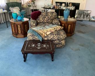 Chaise lounger $50, mother of pearl tea table $40, other items fill a bag