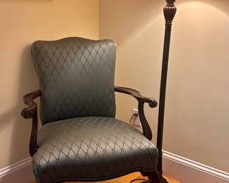 Upholstered Carved Armchair & Floor Lamp
