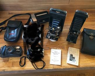 Cameras: Pentax Zoom 90-WR, antique Ansco folding camera, antique Kodak A116 folding camera with case & booklet