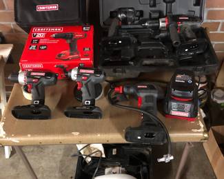 Craftsman power tools: New-in-box 1/2” 13mm drill/driver kit, 1/2” drill driver & 1/4” impact driver, cordless 1/2” variable speed drill-driver & work light, Craftsman inflator, battery & charger, Craftsman 7 1/2” circular saw w/ case