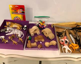 Toy animals & wooden cars, lots of scissors incl. Wiss #22 industrial shears