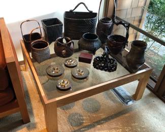 Square wood frame coffee table with smoked glass (38" x 15.5" high) + baskets