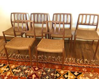 Set of 6 Móller Model 83 teak chairs with cord seats Purchased from Scan Design in 1989 (19.5" wide at front, seats 18" high)