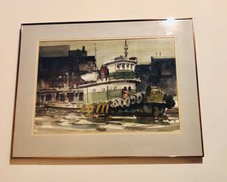Watercolor of tugboat by Fred Marshall (Washington, 1904-1979), signed lower right, framed 21" x 28".