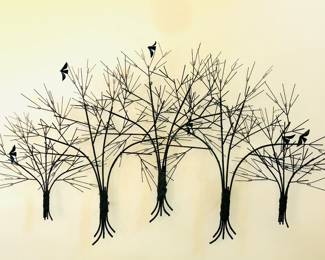LARGE 1969 metal 3-D wall sculpture of trees with birds by Curtis Jeré (60"L, 35"H, 7"D)