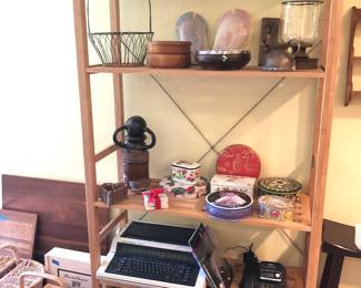 Bamboo shelf #2 - same size as first one. With tins, Sony DVD/VCR, Smith Corona Typetronic III & more