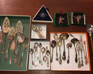 Silver plate utensils, Swarovski crystal Xmas ornament, Gorham silver plate ornaments