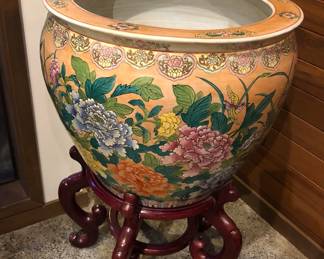 Big Chinese fish bowl jardiniere - 18" tall, 22" diameter, 32" tall overall with stand