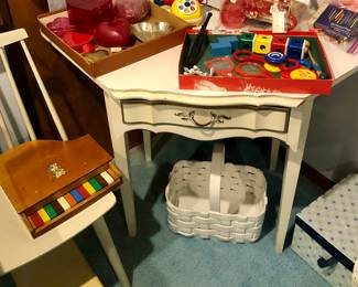 French Provincial corner desk + matching chair, ceramic basket