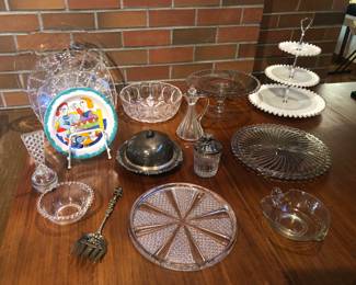 Desimone plate, Candlewick cake stand, Fenton Silver Crest 3-tier milk glass server, other glass cake plates & bowls