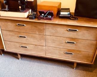 Mid-century walnut lowboy dresser by B.P. John (54”L, 19”D, 30”H) - very sun faded