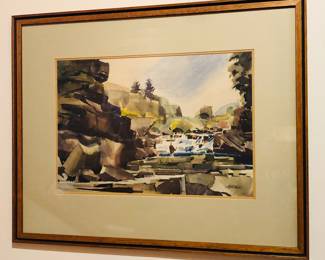 Watercolor of waterfall by Fred Marshall, signed lower right, framed 24" x 30.5"