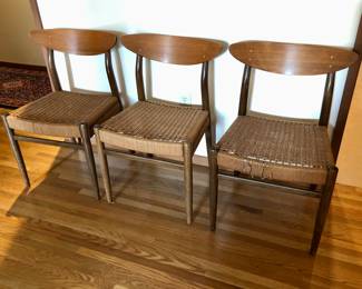 Set of 3 vintage teak dining chairs with corded seats (far right one has damage to seat)