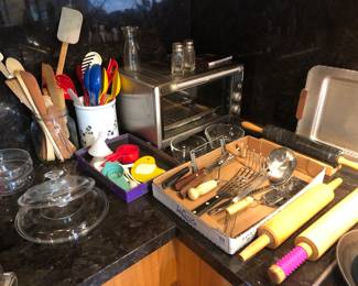 Breville toaster oven, marble & wood rolling pins, utensils