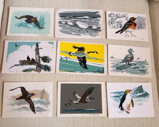 Screenprint Xmas cards with birds by Bob McCausland, Seattle P-I cartoonist