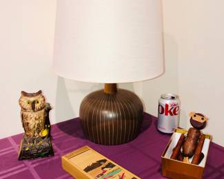 Lamp is SOLD - cast iron owl bank (repro), tambour wooden pencil box & wooden monkey