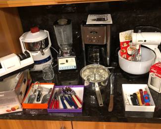 Chef’s Choice knife sharpener, Olympic juicer, vintage Osterizer Galaxie Ten blender, Cuisinart coffee maker, vintage Sunbeam MixMaster mixer